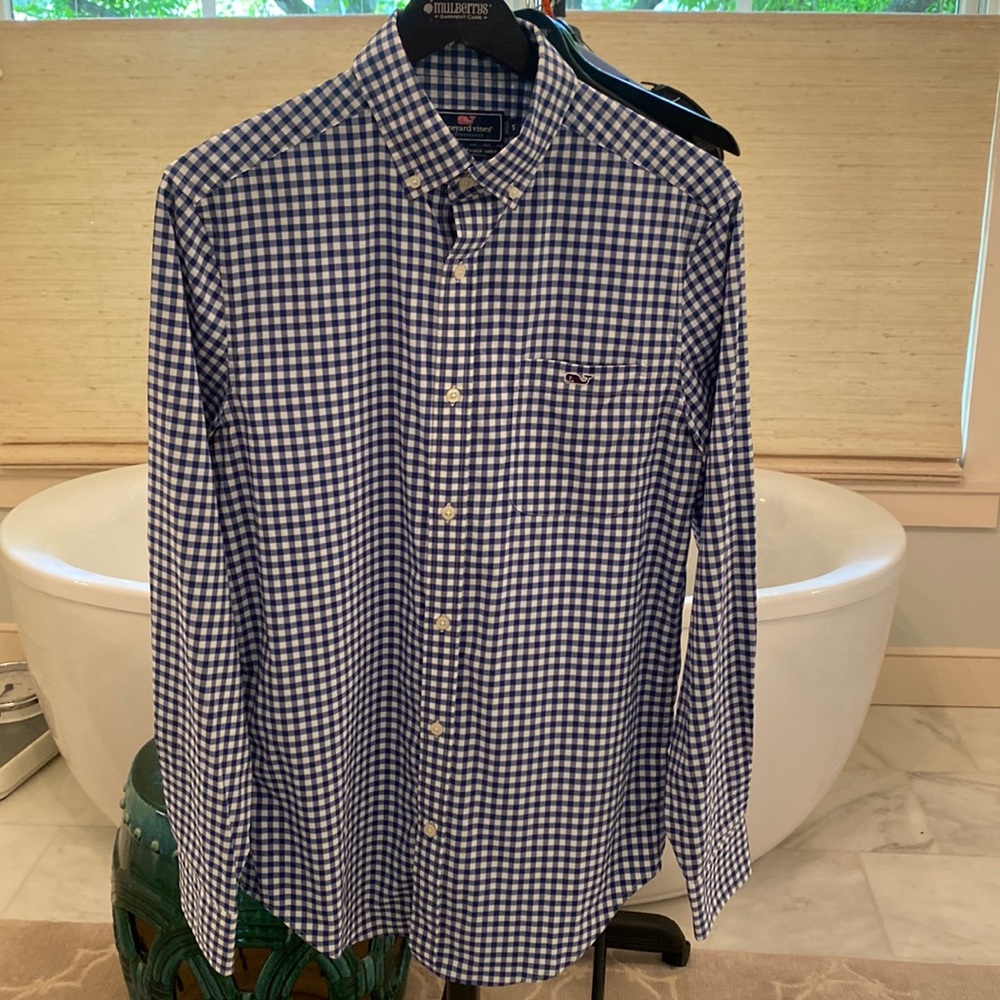 Vineyard vines men's button down shirt in blue and white checkerboard.